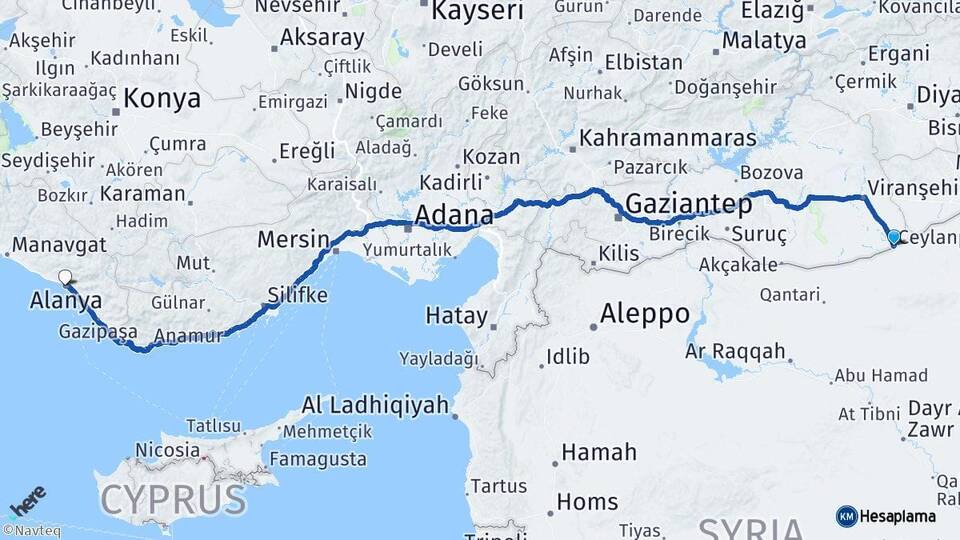 Şanlıurfa Ceylanpınar Alanya Antalya Arası Kaç Km - Yol Haritası