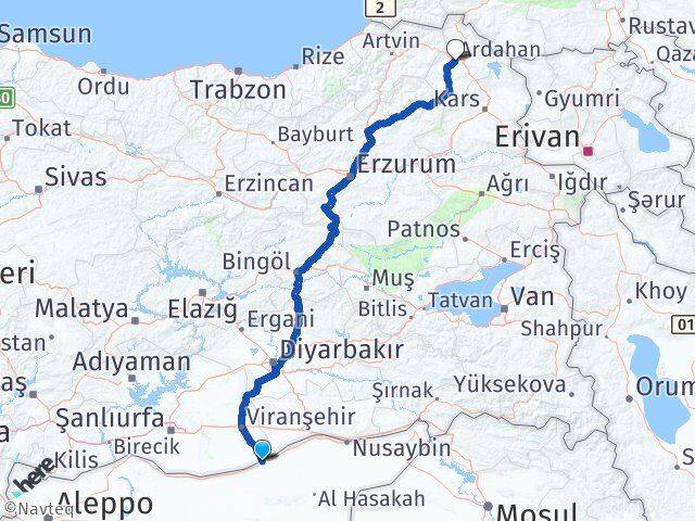 Şanlıurfa Ceylanpınar Ardahan Arası Kaç Km - Yol Haritası