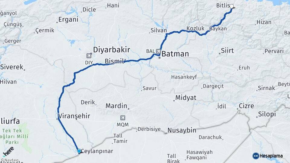 Şanlıurfa Ceylanpınar Bitlis Arası Kaç Km - Yol Haritası