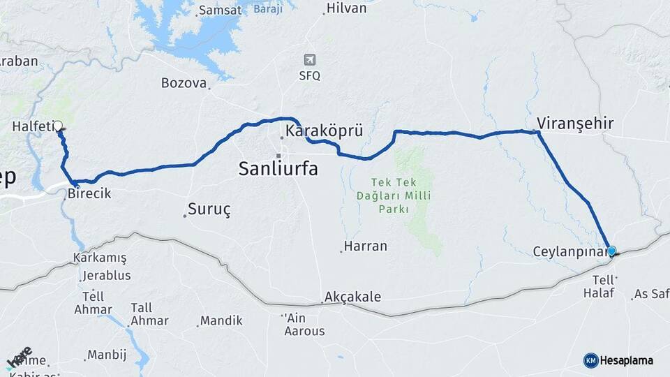 Şanlıurfa Ceylanpınar Halfeti Arası Kaç Km - Yol Haritası