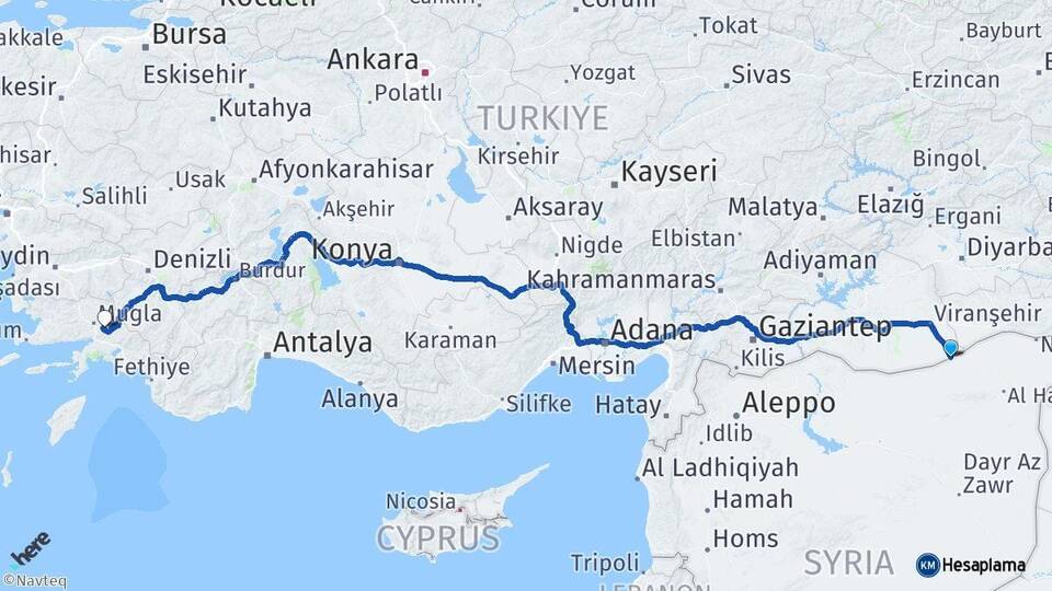 Şanlıurfa Ceylanpınar Muğla Arası Kaç Km - Yol Haritası