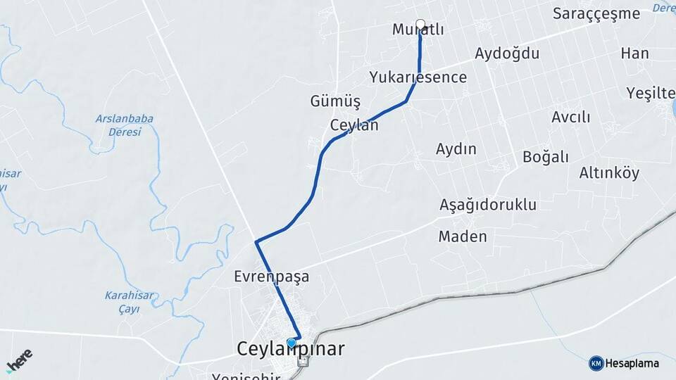Şanlıurfa Ceylanpınar Muratlı Ceylanpınar Arası Kaç Km - Yol Haritası