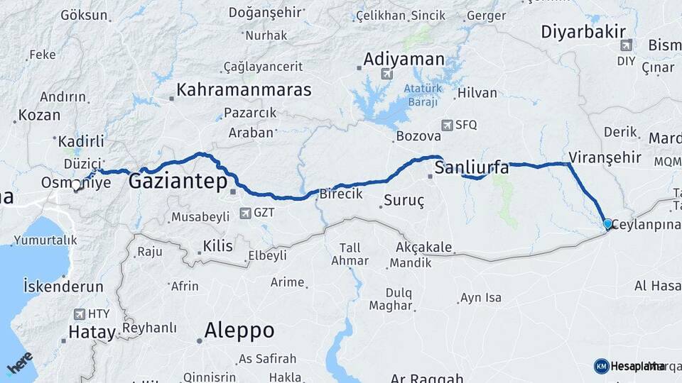 Şanlıurfa Ceylanpınar Osmaniye Arası Kaç Km - Yol Haritası