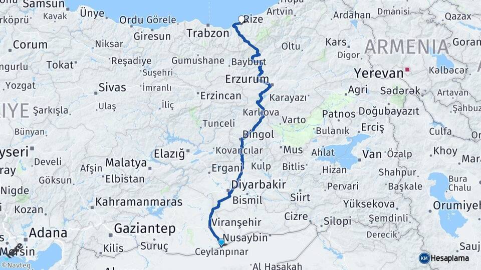 Şanlıurfa Ceylanpınar Rize Arası Kaç Km - Yol Haritası