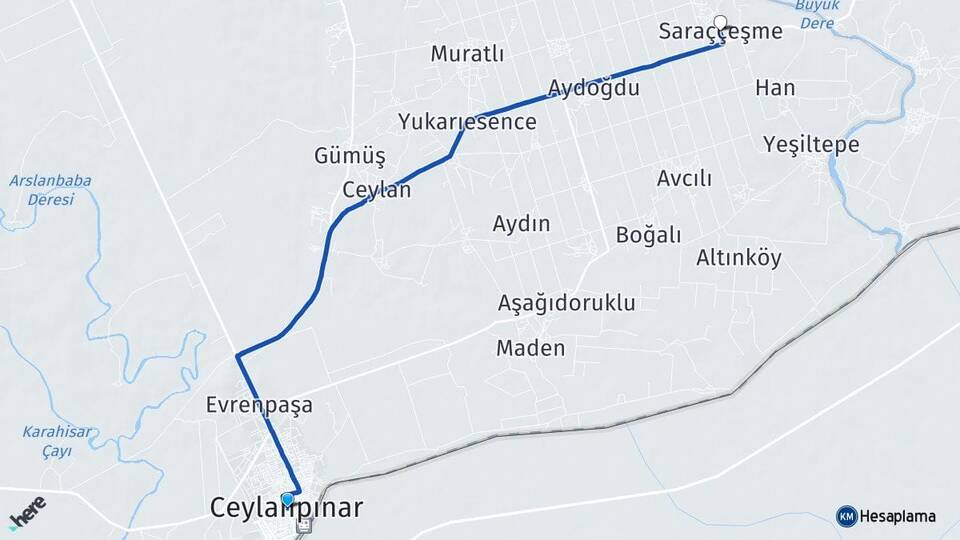 Şanlıurfa Ceylanpınar Saraççeşme Ceylanpınar Arası Kaç Km - Yol Haritası