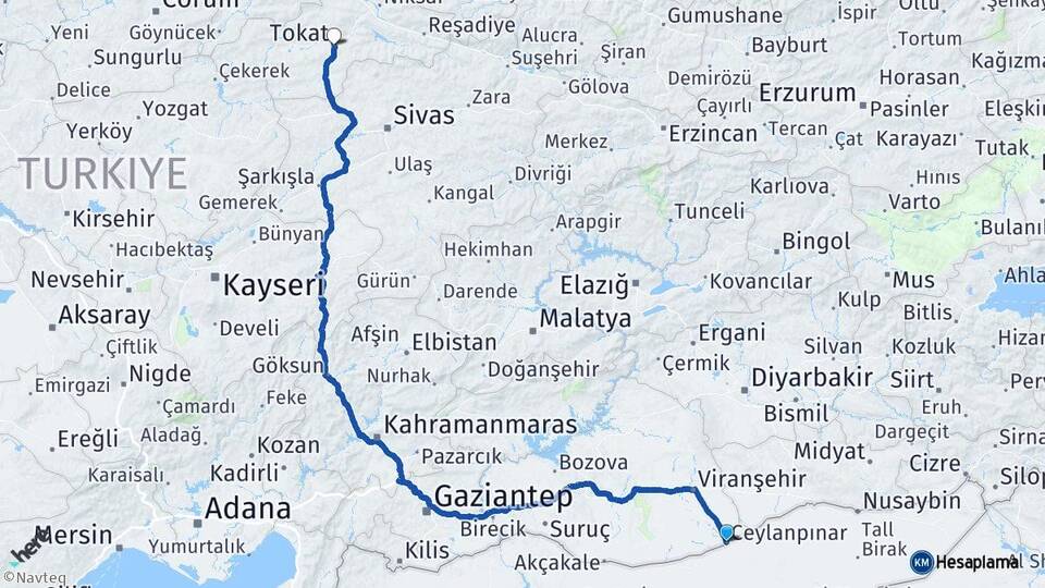 Şanlıurfa Ceylanpınar Tokat Arası Kaç Km - Yol Haritası
