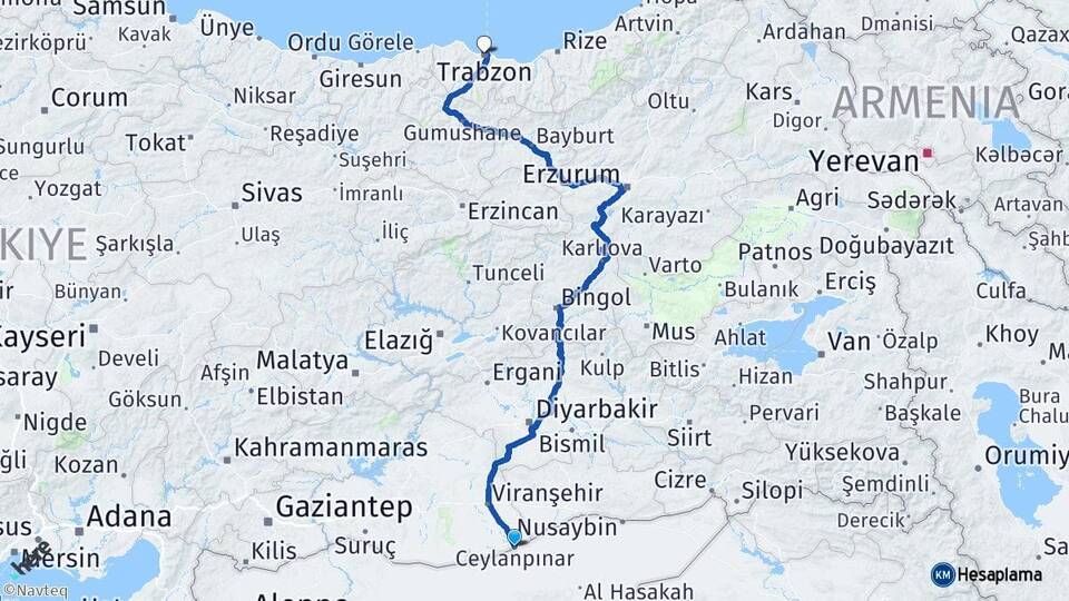 Şanlıurfa Ceylanpınar Trabzon Arası Kaç Km - Yol Haritası