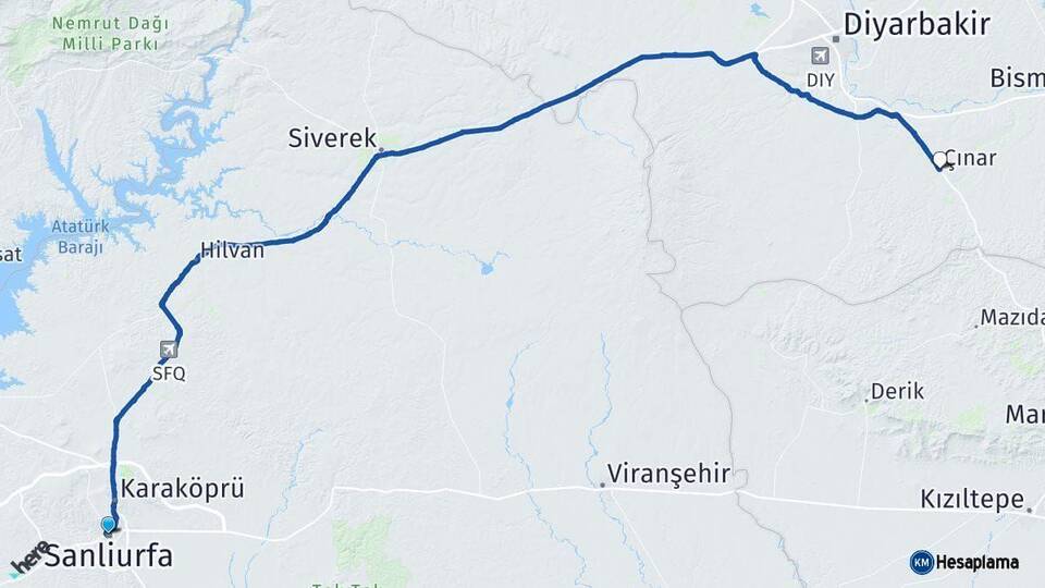 Şanlıurfa Çınar Diyarbakır Arası Kaç Km - Yol Haritası