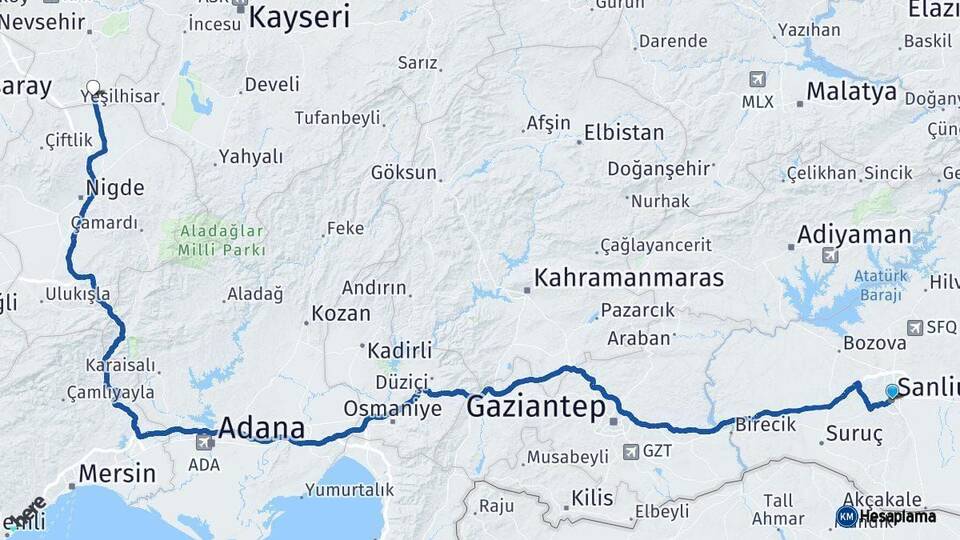 Şanlıurfa Derinkuyu Nevşehir Arası Kaç Km - Yol Haritası
