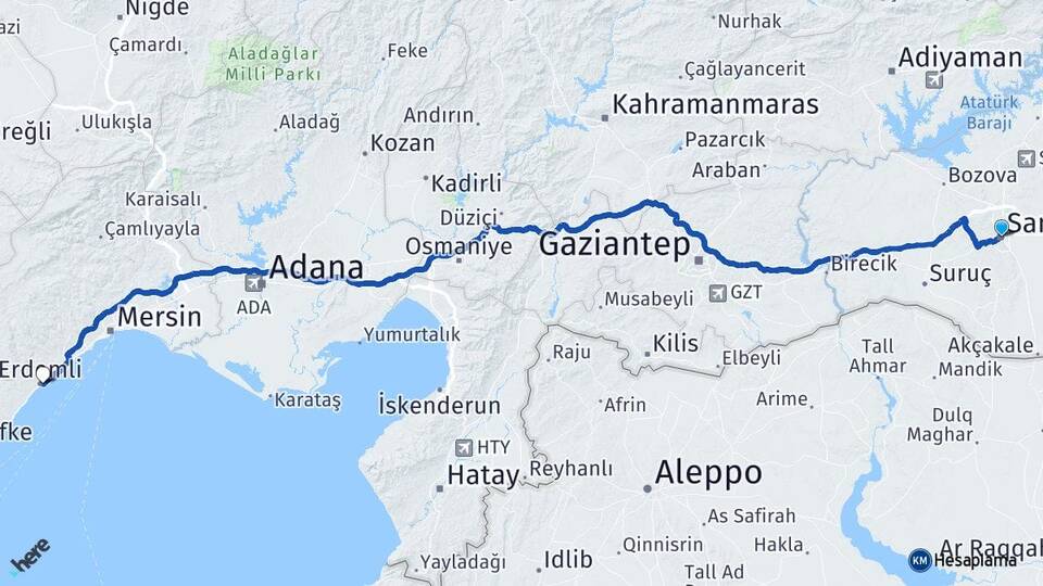 Şanlıurfa Erdemli Mersin Arası Kaç Km - Yol Haritası
