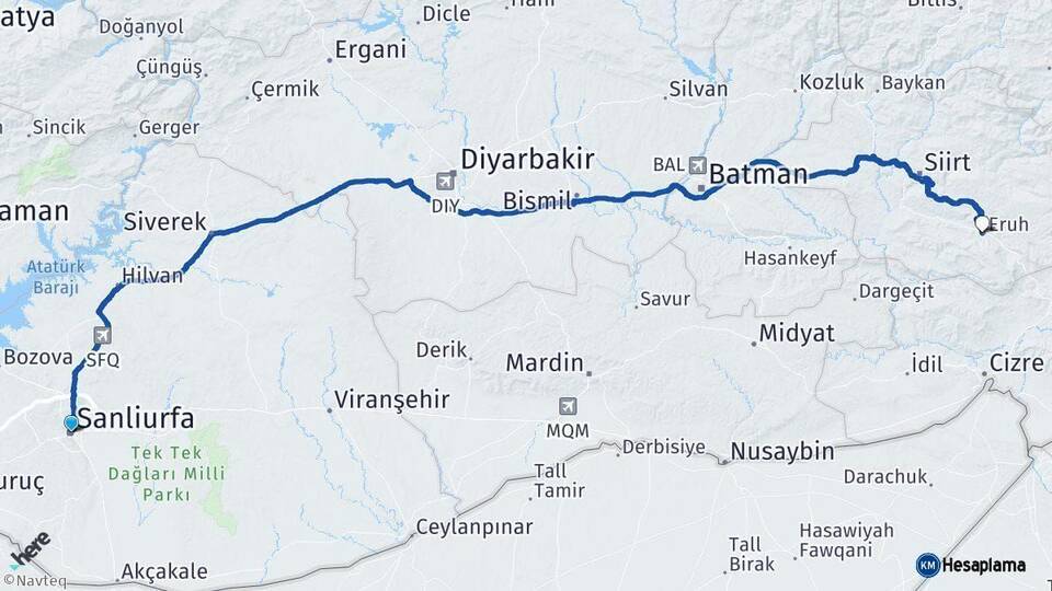 Şanlıurfa Eruh Siirt Arası Kaç Km - Yol Haritası