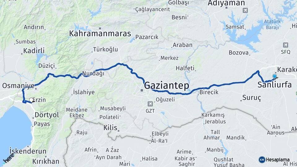 Şanlıurfa Erzin Hatay Arası Kaç Km - Yol Haritası
