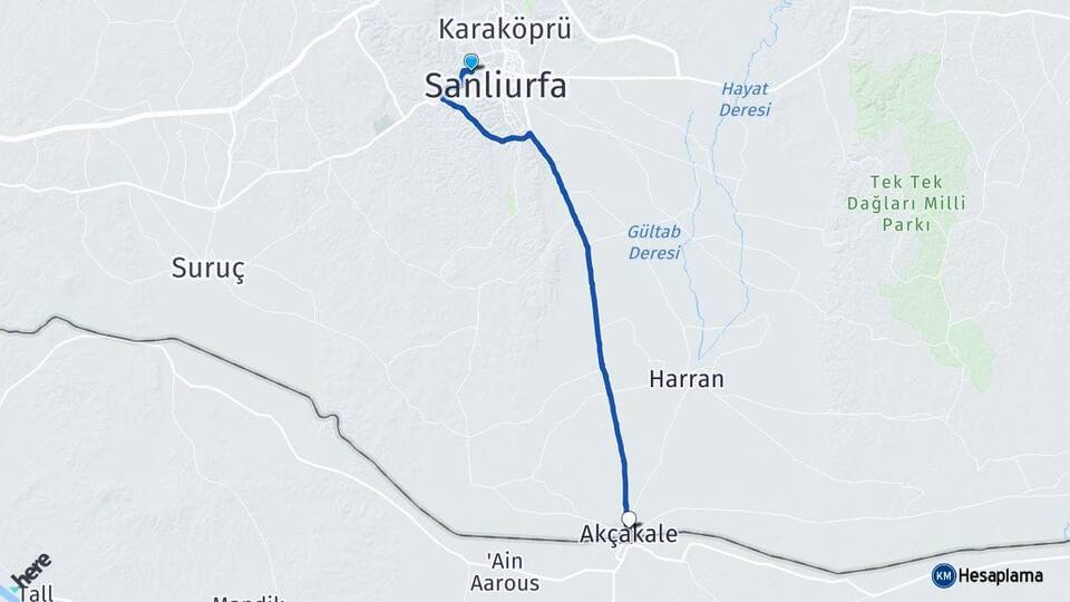 Şanlıurfa Eyyübiye Akçakale Arası Kaç Km - Yol Haritası