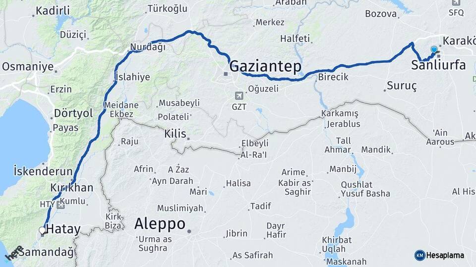Şanlıurfa Eyyübiye Hatay Arası Kaç Km - Yol Haritası