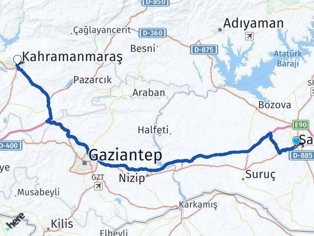 Şanlıurfa Eyyübiye Kahramanmaraş Arası Kaç Km - Yol Haritası