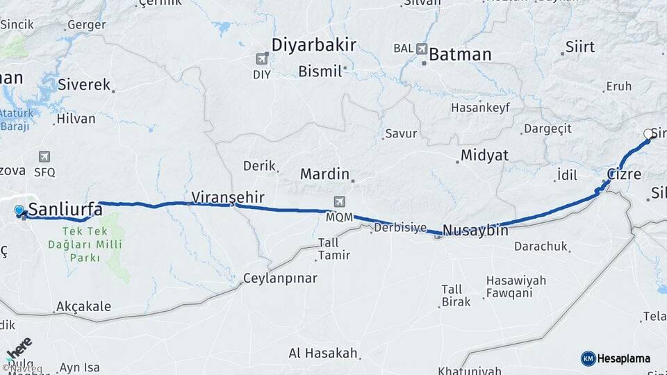 Şanlıurfa Eyyübiye Şırnak Arası Kaç Km - Yol Haritası