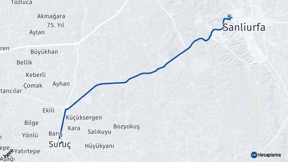 Şanlıurfa Eyyübiye Suruç Arası Kaç Km - Yol Haritası