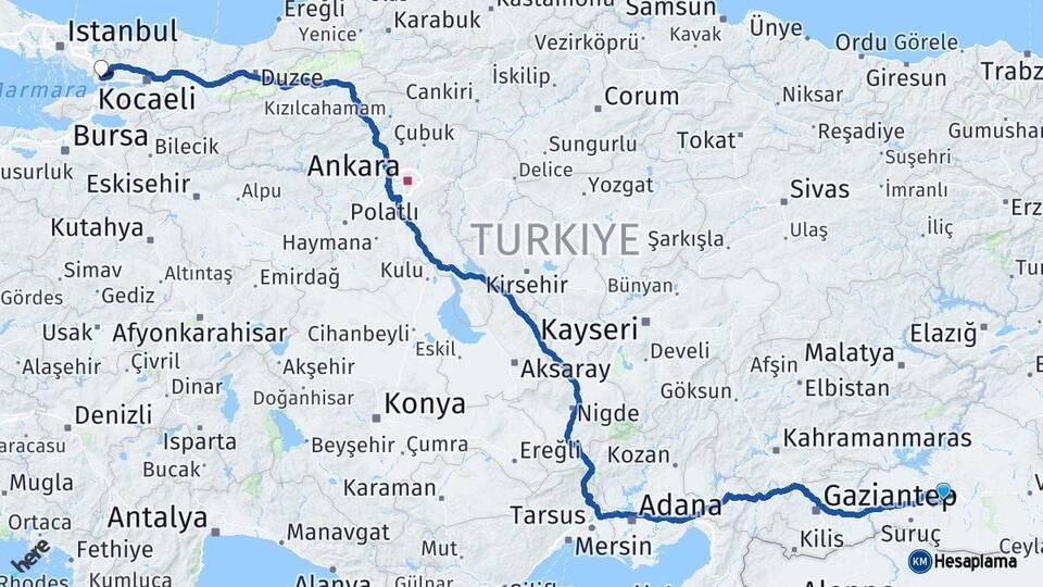 Şanlıurfa Gebze Kocaeli Arası Kaç Km - Yol Haritası