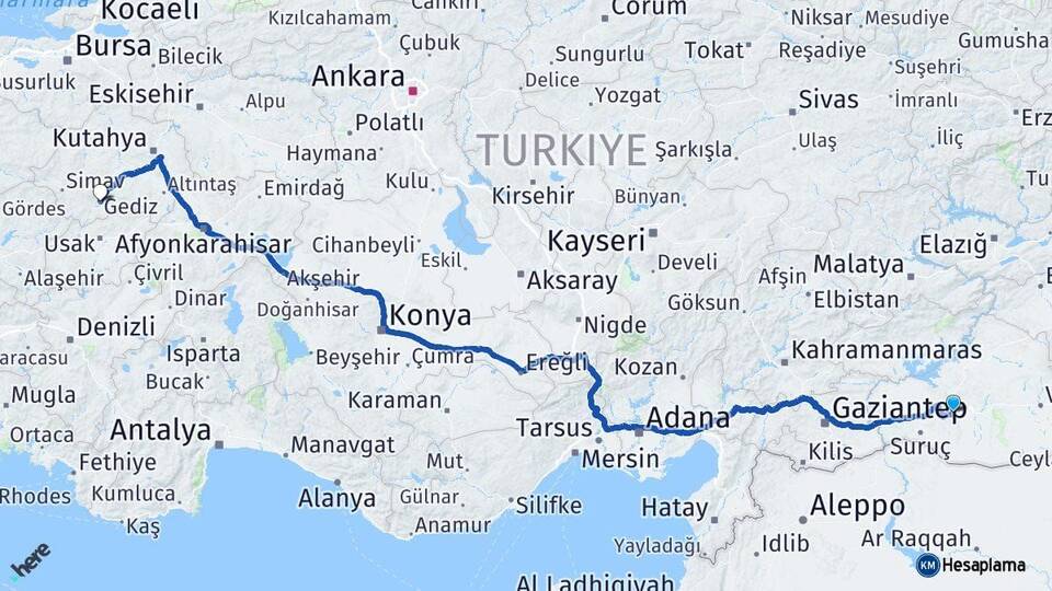 Şanlıurfa Gediz Kütahya Arası Kaç Km - Yol Haritası