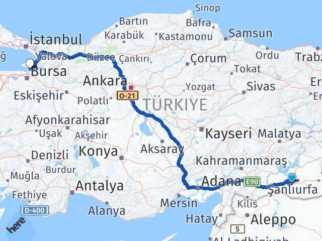 Şanlıurfa Gemlik Bursa Arası Kaç Km - Yol Haritası