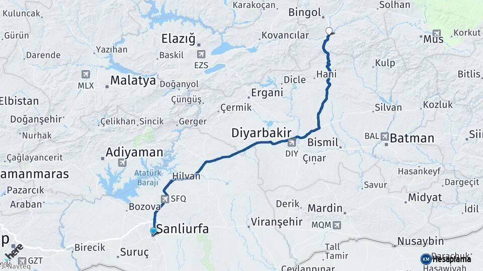 Şanlıurfa Genç Bingöl Arası Kaç Km - Yol Haritası