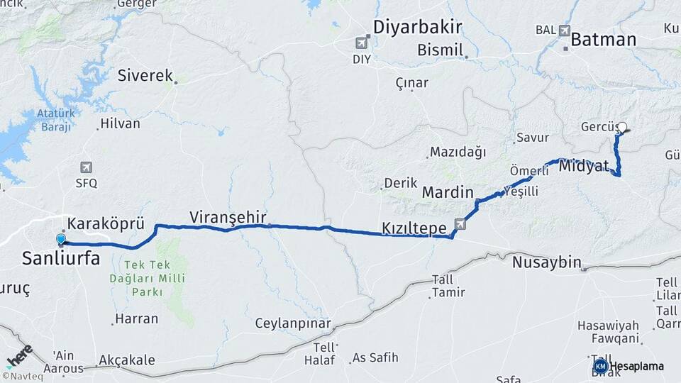 Şanlıurfa Gercüş Batman Arası Kaç Km - Yol Haritası