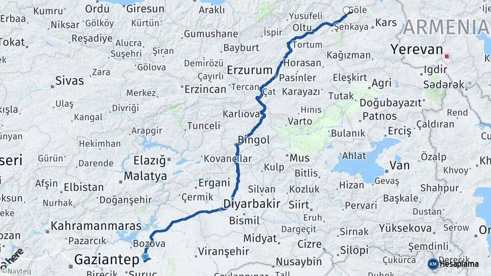 Şanlıurfa Göle Ardahan Arası Kaç Km - Yol Haritası