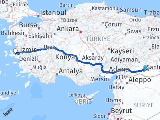 Şanlıurfa Güzelbahçe İzmir Arası Kaç Km - Yol Haritası