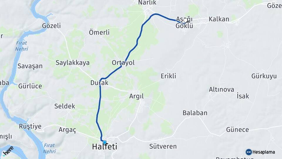 Şanlıurfa Halfeti Aşağı Göklü Halfeti Arası Kaç Km - Yol Haritası