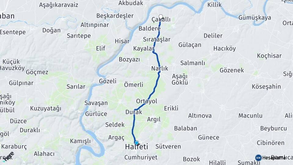 Şanlıurfa Halfeti Çakallı Halfeti Arası Kaç Km - Yol Haritası