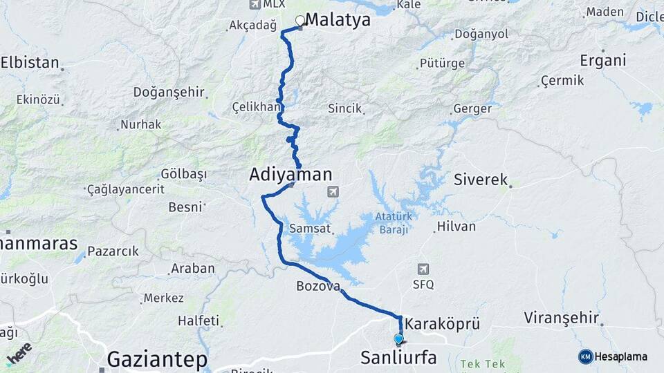 Şanlıurfa Halfettin Battalgazi Malatya Arası Kaç Km - Yol Haritası