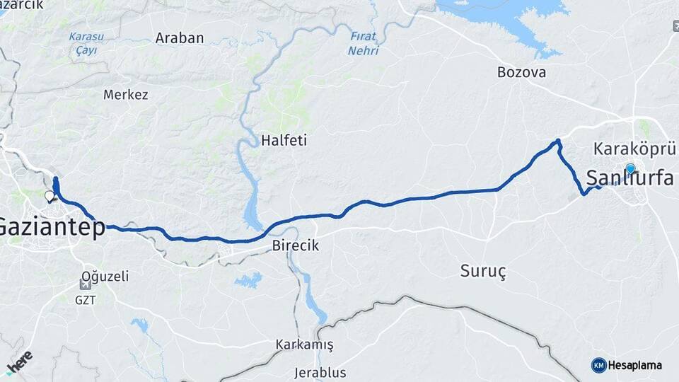 Şanlıurfa Haliliye Gaziantep Arası Kaç Km - Yol Haritası