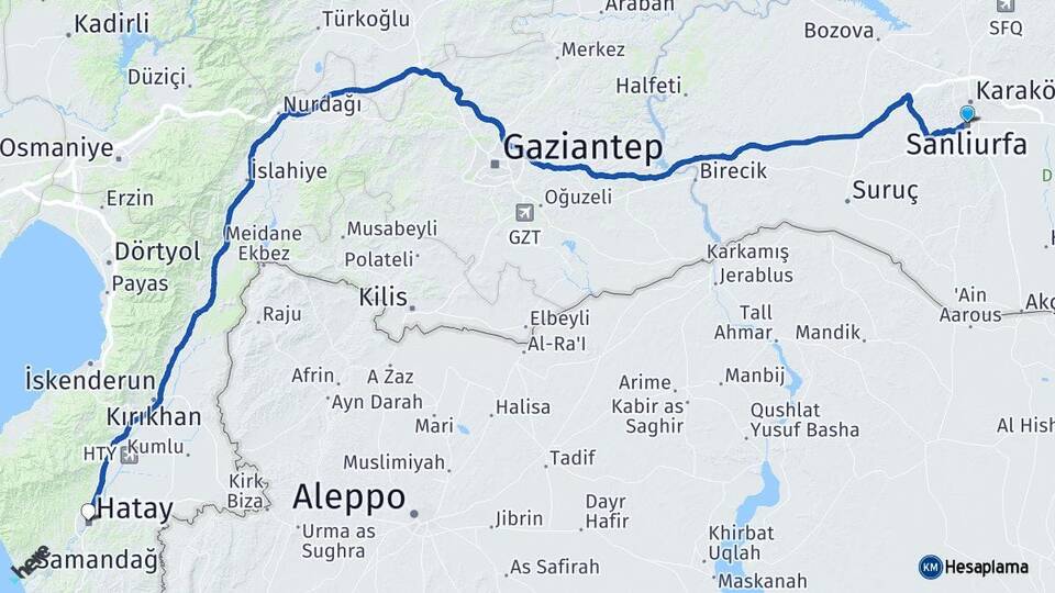 Şanlıurfa Haliliye Hatay Arası Kaç Km - Yol Haritası