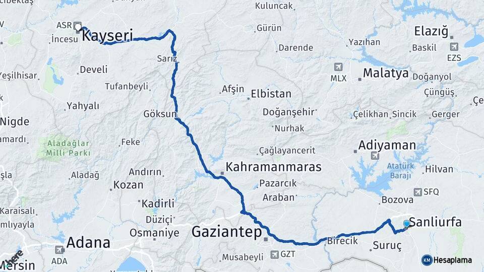 Şanlıurfa Haliliye Kayseri Arası Kaç Km - Yol Haritası