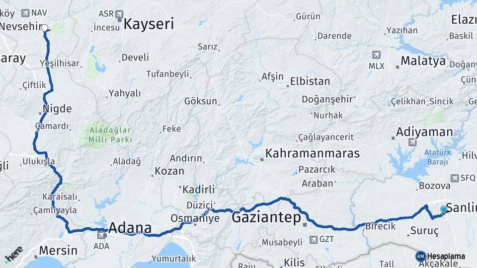 Şanlıurfa Haliliye Nevşehir Arası Kaç Km - Yol Haritası
