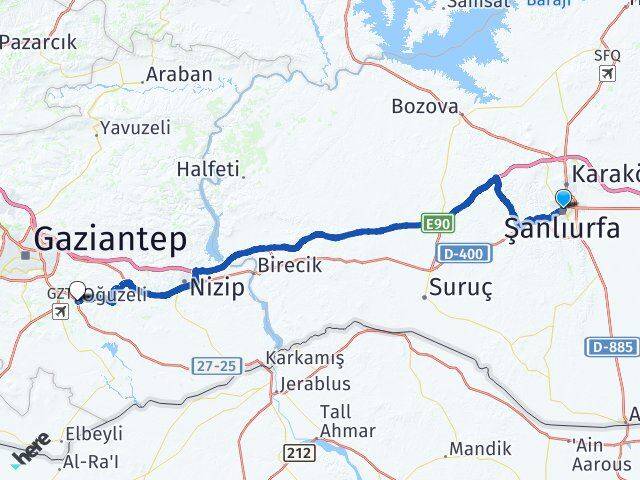 Şanlıurfa Haliliye Oğuzeli Gaziantep Arası Kaç Km - Yol Haritası