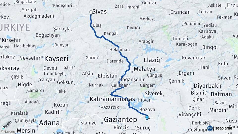 Şanlıurfa Haliliye Sivas Arası Kaç Km - Yol Haritası