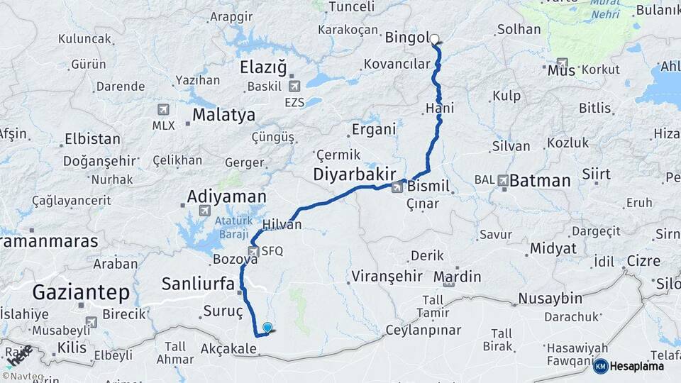 Şanlıurfa Harran Bingöl Arası Kaç Km - Yol Haritası