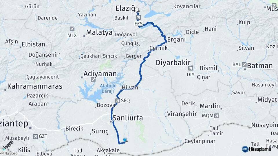 Şanlıurfa Harran Elazığ Arası Kaç Km - Yol Haritası