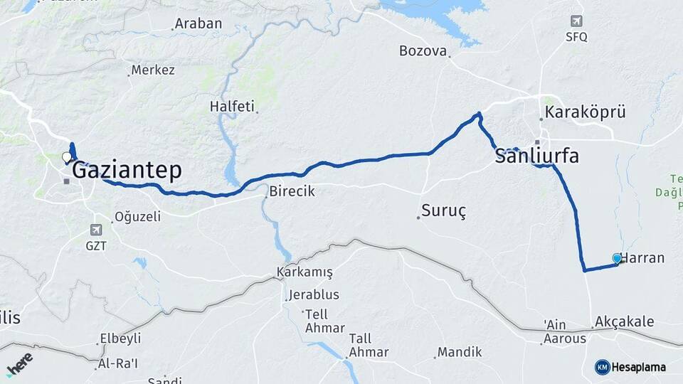 Şanlıurfa Harran Gaziantep Arası Kaç Km - Yol Haritası