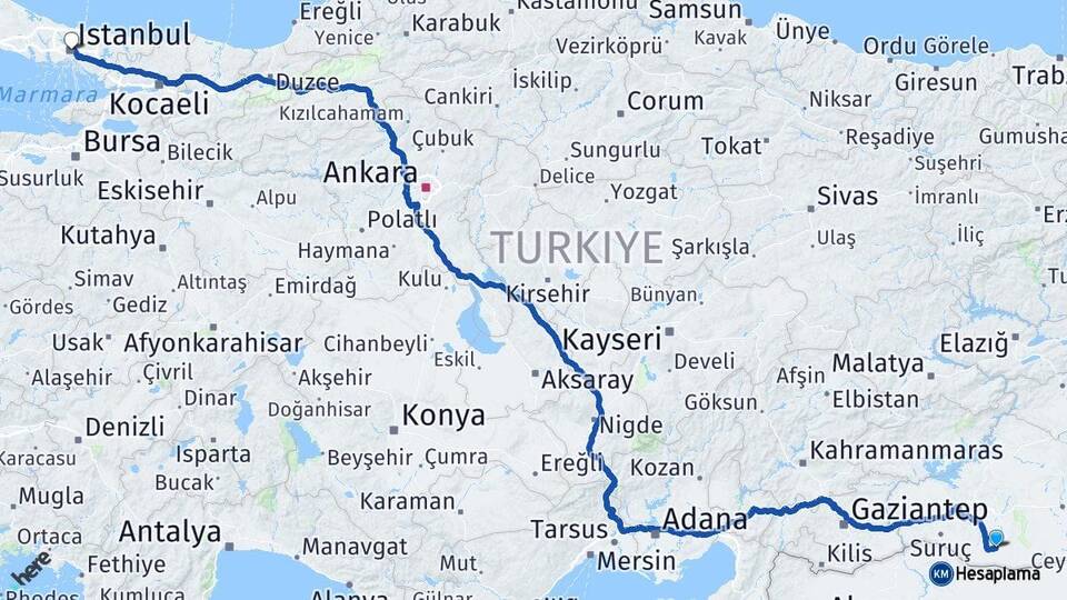 Şanlıurfa Harran İstanbul Arası Kaç Km - Yol Haritası