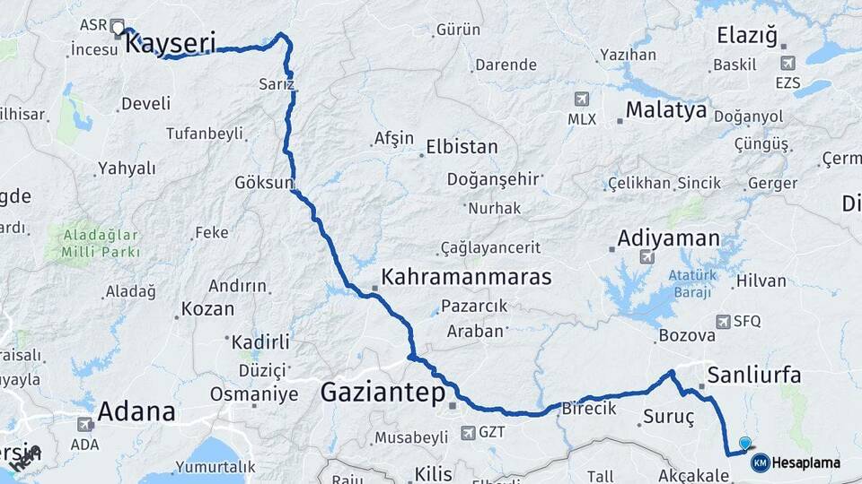 Şanlıurfa Harran Kayseri Arası Kaç Km - Yol Haritası