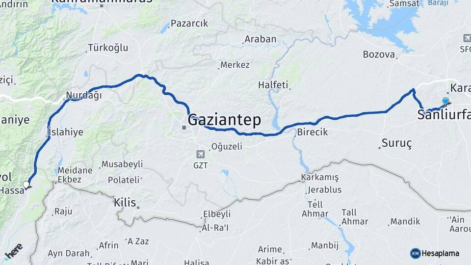 Şanlıurfa Hassa Hatay Arası Kaç Km - Yol Haritası