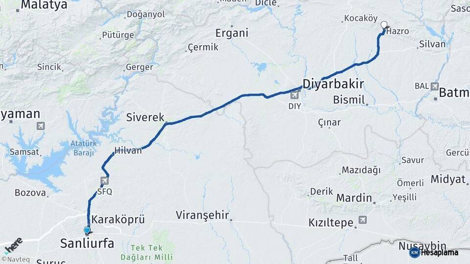 Şanlıurfa Hazro Diyarbakır Arası Kaç Km - Yol Haritası