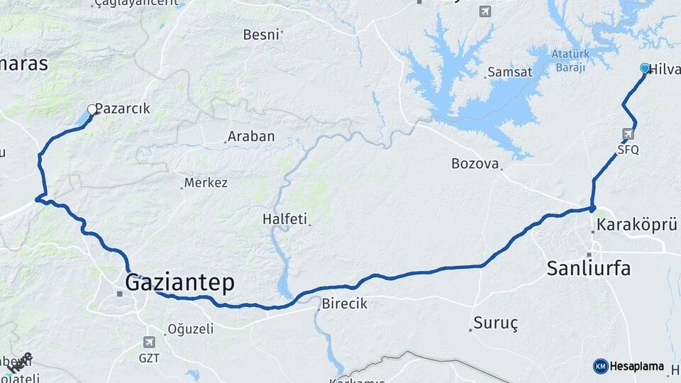 Şanlıurfa Hilvan Pazarcık Kahramanmaraş Arası Kaç Km - Yol Haritası
