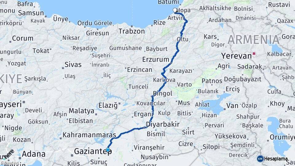 Şanlıurfa Hopa Artvin Arası Kaç Km - Yol Haritası