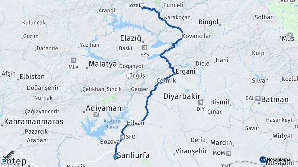 Şanlıurfa Hozat Tunceli Arası Kaç Km - Yol Haritası