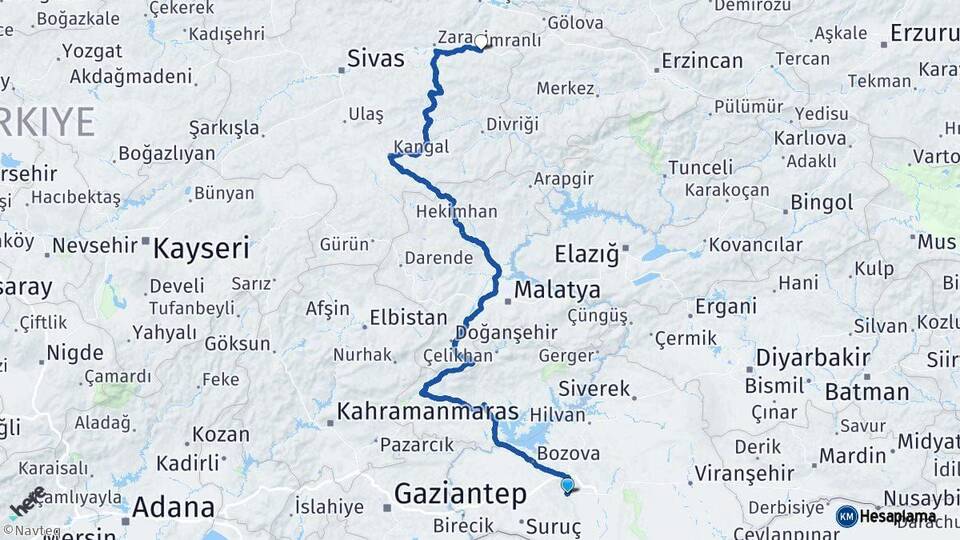 Şanlıurfa İmranlı Sivas Arası Kaç Km - Yol Haritası
