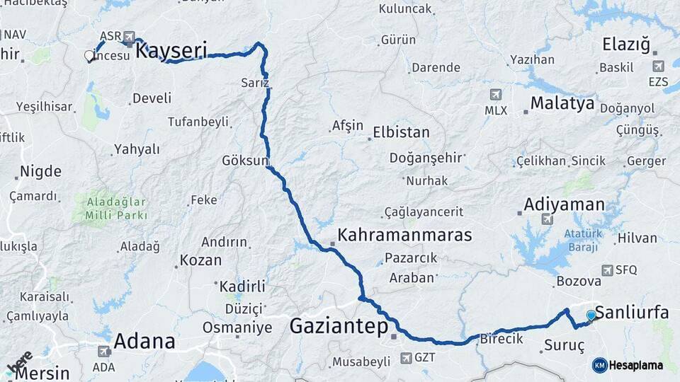 Şanlıurfa İncesu Kayseri Arası Kaç Km - Yol Haritası