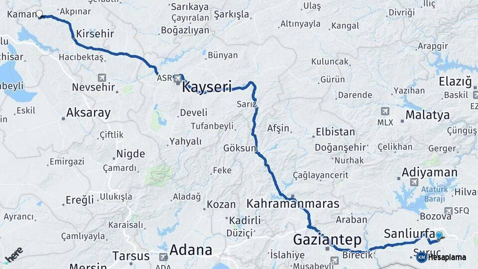 Şanlıurfa Kaman Kırşehir Arası Kaç Km - Yol Haritası